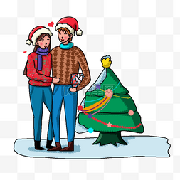 圣诞节情侣在圣诞树旁约会