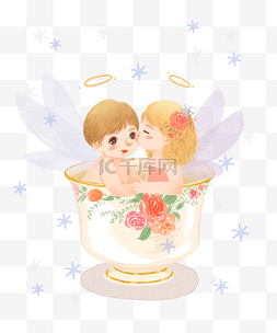 可爱天使小翅膀图片_手绘冬季雪花茶杯小天使