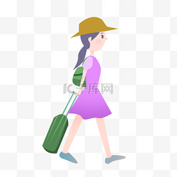 旅行卡通小女孩图片_穿着紫色裙子的旅行的小女孩