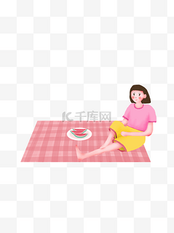 夏季坐在地毯上吃西瓜的女孩元素