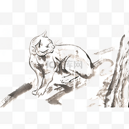 警觉图片_树干上的小猫水墨画PNG免抠素材