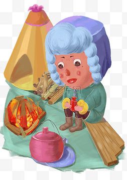 篝火手绘图片_冬季篝火取暖的老奶奶
