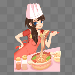 女裙子插画图片_彩色吃面的女厨师元素