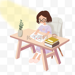 小女孩看书插画图片_学习系列人物看书