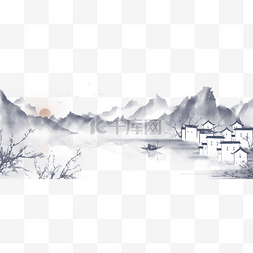 手绘插画风景素材图片_中国风手绘水墨风景山水徽派建筑