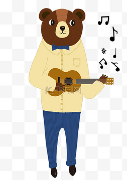 卡通吉他矢量图图片_手绘插画小熊弹吉他PNG素材