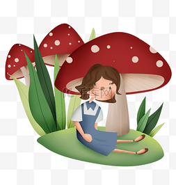春天草地上的女孩和红蘑菇