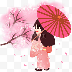 欣赏樱花树打伞穿和服的少女