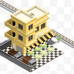 黄色桌子插画图片_2.5D等轴矢量插画咖啡馆餐厅小楼
