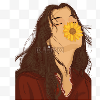嘴里叼着菊花的女孩