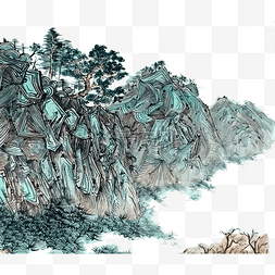 水墨青山素材图片_国画水墨线条山水PNG