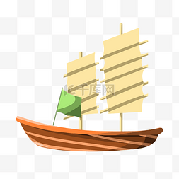 手绘绿色旗帜船插画