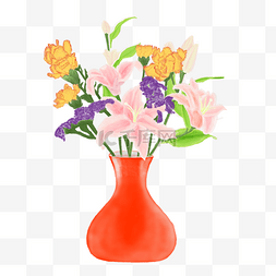 手绘红色花瓶花朵