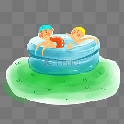 两个小孩游泳卡通手绘插画
