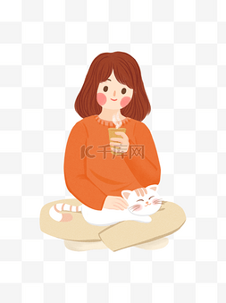 手绘卡通女孩抱着猫猫喝热饮元素