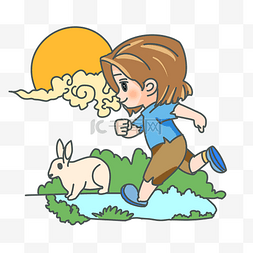 兔月图片_男孩兔子草地奔跑插画