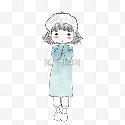 商业版手绘人物图片_唯美线描水彩风Q版手绘卡通女