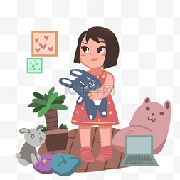 小猪心图片_宅在家的小女孩插画