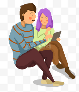 情侣婚纱图片_坐在一起看书的卡通情侣插画