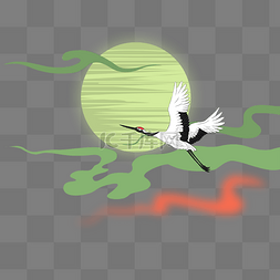 小清新背景绿色图片_一只仙鹤飞向月亮