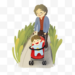 开心游玩图片_手绘卡通姥姥奶奶带娃