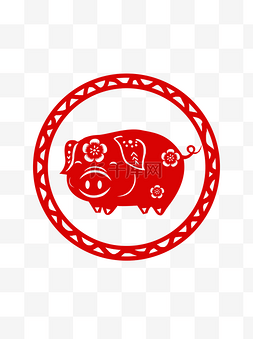 猪年生肖剪纸图片_猪年生肖红色剪纸可爱中国风