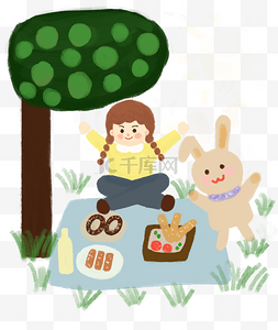 芝士培根面包图片_立春可爱小女孩和小兔子一起在户