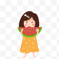 夏天吃西瓜的可爱小女孩