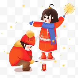 2019新年装饰图片_新年2019年唐装男孩女孩放炮放烟