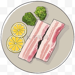 肉制品图片图片_一盘装饰着柠檬片和西兰花的五花