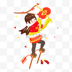 春节习俗红色手绘图片_春节传统习俗踩高跷手绘插画