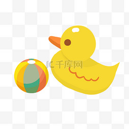 黄色手绘鸭子图片_黄色鸭子沙滩球插画