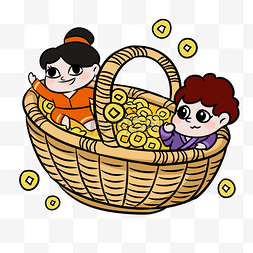 锦鲤和招财猫图片_坐在一揽子金币里的男孩女孩
