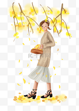 立秋黄色树下的女孩和落叶