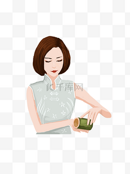 沏茶图片_沏茶的优雅女卡通元素