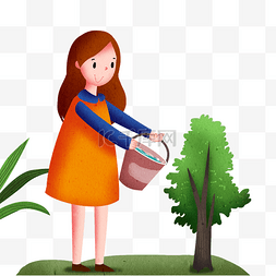 水桶浇树图片_植树节浇树的小女孩