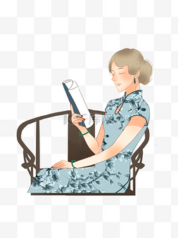 旗袍的女人图片_坐在木椅上穿蓝色旗袍看书的女人