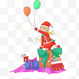 圣诞老人送礼场景图片_圣诞节拿气球的小女孩插画