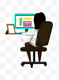 背影美女手绘图片_手绘卡通对着电脑办公工作的美女