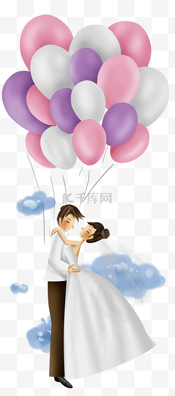 气球蓝天图片_西式婚礼新郎新娘和气球