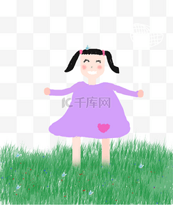 手绘女孩人物插画图片_卡通草地上玩耍的小女孩