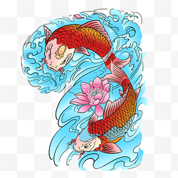 锦鲤双鱼戏水卡通手绘