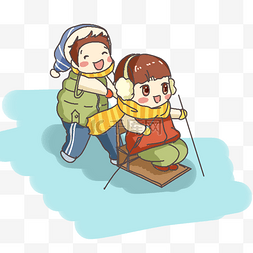 推箱子小孩图片_两个可爱的玩雪橇的可爱小孩