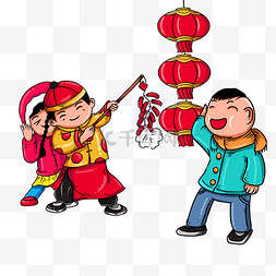 中国放鞭炮图片_手绘卡通喜庆新年场景放鞭炮