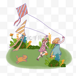 花草植物人物图片_在草坪上放风筝玩耍