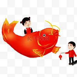 中国风新年节日喜庆图片_骑鲤鱼娃娃中国风新年春节手绘男