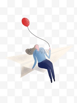 手绘红气球图片_拿着红气球坐在纸飞机上飞翔的女