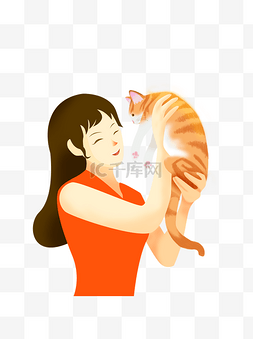 女生猫插画图片_卡通女孩撸猫psd元素