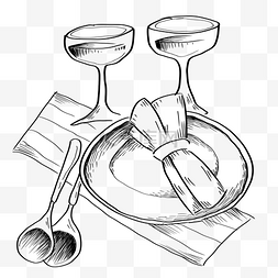 线描勺子图片_手绘线描餐具酒杯