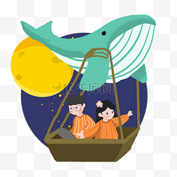 手绘海豚插画图片_梦幻海豚热气球手绘